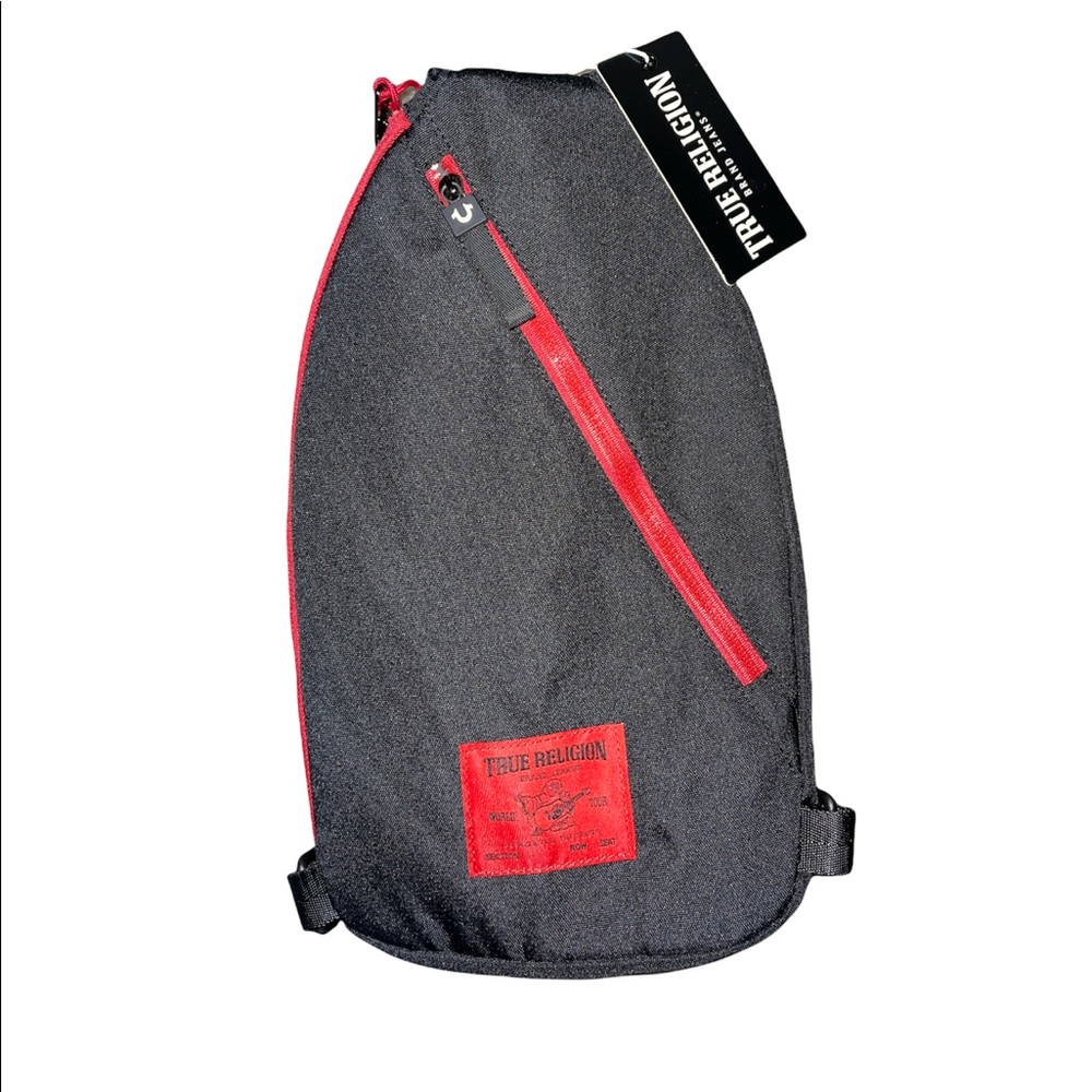 True Religion logo patch sling bag